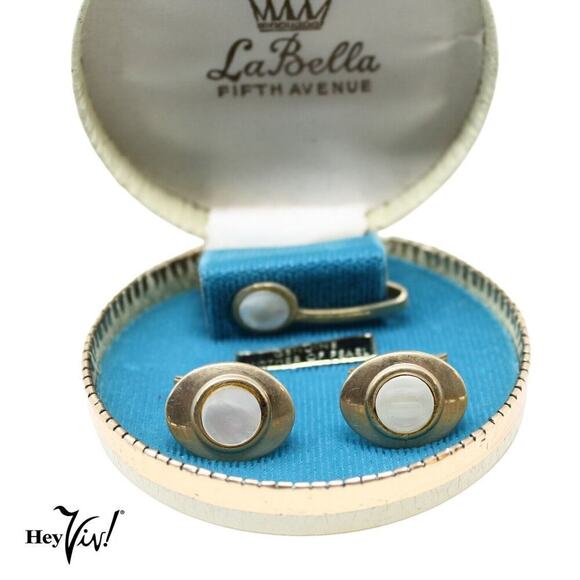 Vintage La Bella Fifth Avenue Cuff Links Tie Clip Set Original Box Genuine MOP - Picture 1 of 7